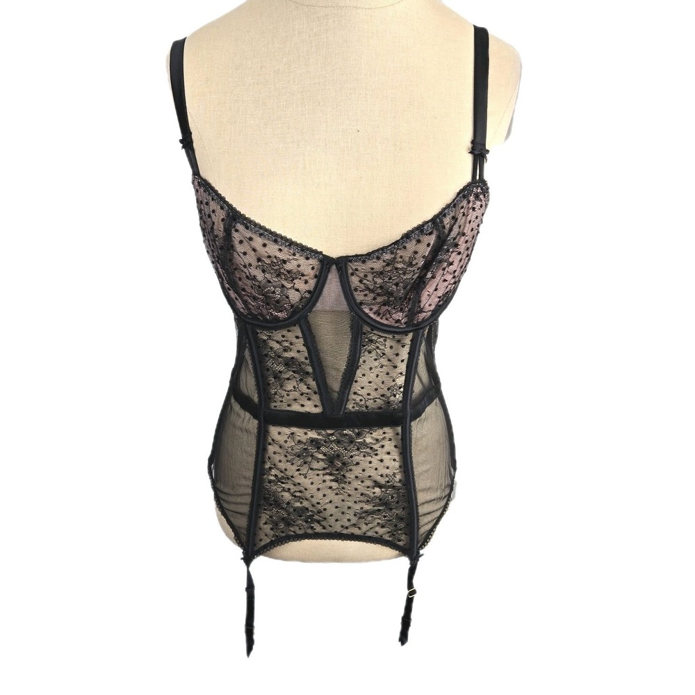 Victoria's Secret Black Corset Bustier Garters‎ Lace Mesh  Size L Lingerie New